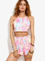 Ensembles Deux Pièces Imprimé Taille Haute Femme avec Bretelles à Col Rond Shorts Court Sexy