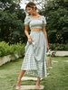 Ensembles Deux Pièces Imprimé Taille Haute Femme avec Manches Courtes Amples à Col Carré Jupe Longue Bas Evasée Bicolores