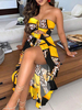 Ensembles Deux Pièces Imprimé Taille Haute Jupe Longue avec Epaule Dénudée à Col Décolleté avec Fente Multicolores Ensembles Sexy