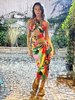 Ensembles Deux Pièces Imprimés Longues Femmes Top à Lacets avec Epaules Dénudées Ouvert Sur Devant avec Dos Nu Jupe Mi-longue Coupe Cintrée à Lacets Multicolores Sexy