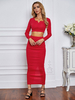 Ensembles Deux Pièces Moulantes Tops et Jupes Femmes à Col Rond avec Manches Longues Taille Haute Jupe Mi-longue Fente sur Arrière Unicolore Sexy