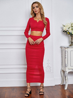 Ensembles Deux Pièces Moulantes Tops et Jupes Femmes à Col Rond avec Manches Longues Taille Haute Jupe Mi-longue Fente sur Arrière Unicolore Sexy