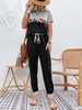 Ensembles deux pièces noir viscose bicolore haut classique automne manches courtes col bijou femme tenue