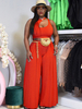 Ensembles deux pièces Oragnge Rouge Polyester Plissé Pantalon Décontracté Dété Sans Manches Bijou Cou Femmes Outfit