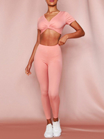 Ensembles deux pièces polyester rose doux athlétique automne manches longues bijou cou noué femmes tenue