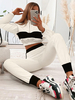 Ensembles deux pièces pour femmes en mélange de coton blanc écru col montant fermeture éclair bicolore tenue athlétique à manches longues