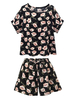 Ensembles deux pièces pour femmes en polyester noir col bijou manches courtes imprimé à lacets arcs tenue décontractée