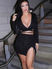 Ensembles deux pièces pour femmes en polyester noir col en V à lacets tenue sexy à manches longues