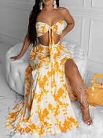 Ensembles deux pièces pour femmes Orange Polyester plissé bicolore Sexy gilet dété sans manches sans bretelles en couches robe tenue