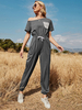 Ensembles deux pièces pour femmes Polyester gris foncé hors de lépaule à lacets passepoil à manches courtes haut décontracté pantalon long tenue dété