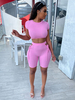 Ensembles deux pièces rose polyester à lacets haut décontracté été manches courtes col bijou stretch femmes tenue