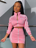 Ensembles deux pièces rose polyester fermeture éclair bicolore sexy automne manches longues col rabattu tenue pour les femmes