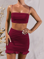 Ensembles Deux Pièces Sexy Eté Femme Taille Haute avec Bretelles à Col Carré Jupa Courte en Plis Unicolore Bas Volant Ensembles Deux Pièces Sexy