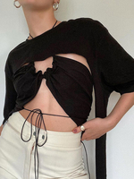 Ensembles Deux Pièces Taille Haute Femme à Col Décolleté en V à Lacets avec Manches Longues Unicolore