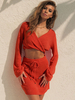 Ensembles Deux Pièces Taille Haute Femme à Col V avec Manches Longues Amples Jupe Courte Coupe Cintrée à Lacets Unicolore