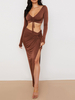 Ensembles Deux Pièces Taille Haute Femme avec Manches Longues à Col Décolleté en V Coupe Cintrée à Lacets Jupe Longue avec Fente Unicolore