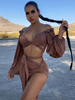 Ensembles Deux Pièces Taille Haute Femme avec Manches Longues Amples Coupe Cintrée à Lacets Jupe Courte avec Fente Unicolore Sexy
