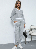Ensembles Deux Pièces Tailleurs Femme Taille Haute à Col Rond Pantalons Longs avec Manches Longues Bicolores