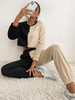Ensembles Deux Pièces Tailleurs Femme Taille Haute à Col Rond Pantalons Longs avec Manches Longues Bicolores