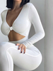 Ensembles Deux Pièces Yoga Moulante Femme à Col Décolleté en V avec Manches Longues Coupe Cintrée Pantalons Longs Unicolore Vêtement de Sport
