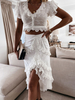 Ensembles en Dentelle Femme Taille Haute avec Manches Courtes à Col Rond Jupe Mi-longue avec Fente Unicolore