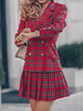 Ensembles Femmes Carreaux Top et Jupes Blazer Veste à Col Revers avec Manches Longues Fermeture avec Boutonnages avec Poches Jupe Courte Bas Evasée Bicolores