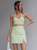 Ensembles Femmes Top et Jupe Imprimé les Carreaux Top sans Manches avec Epaules Nues à Col V Taille Haute Jupe Moulantes Fente Latérale Unicolore Sexy