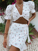 Ensembles Femmes Top et Jupe Imprimé Les Fleurs Top à Col V avec Manches Courtes Amples Jupes Courtes Moulantes Fente Larétale Volant