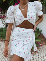 Ensembles Femmes Top et Jupe Imprimé Les Fleurs Top à Col V avec Manches Courtes Amples Jupes Courtes Moulantes Fente Larétale Volant