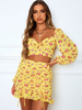 Ensembles Femmes Top et Jupe Imprimés Les Fleurs Top à Col Décolleté en V à Lacets avec Manches Longues Amples Jupes Moulantes Courtes Sexy