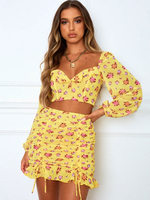 Ensembles Femmes Top et Jupe Imprimés Les Fleurs Top à Col Décolleté en V à Lacets avec Manches Longues Amples Jupes Moulantes Courtes Sexy