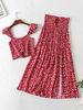 Ensembles Femmes Top et Jupe Imprimés Les Fleurs Top Sans Manches Volantes avec Boutons Jupes Longues Coupe Cintrée à Lacets Elastiques Fente Latérale Bas Evasée