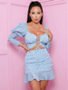 Ensembles Femmes Top et Jupe Imprimés Les Pois Top à Col Décolleté en V à Lacets avec Manches Longues Amples Jupes Moulantes Courtes Sexy