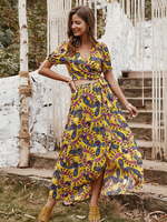 Ensembles Femmes Top et Jupe Imprimés Top à Col V avec Manches Courtes Amples Taille Haute à Lacets Jupe Longue Fente Latérale