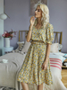 Ensembles Femmes Top et Jupes Imprimés Les Fleurs Top à Col Carré avec Manches Courtes Amples Taille Haute Jupe Mi-longue Bas Evasée Coupe Cintrée Elastique Bicolores