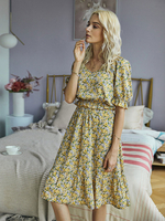 Ensembles Femmes Top et Jupes Imprimés Les Fleurs Top à Col Carré avec Manches Courtes Amples Taille Haute Jupe Mi-longue Bas Evasée Coupe Cintrée Elastique Bicolores