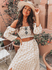 Ensembles Femmes Top et Jupes Imprimés les Fleurs Top avec Manches Longues Amples avec Epaules Nues Décors avec Volants Jupes Mi-longues Bas Evasée Bicolores