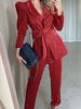 Ensembles Femmes Top et Pantalons Blazer à Col Revers avec Manches Longues Ampels Ceinturé à Lacets Pantalons Droits Unicolore
