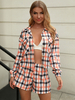Ensembles Femmes Top et Pantalons Carreaux Vestes à Col Revers avec Manches Longues avec Manches Short Fermeture à Zip Bicolores