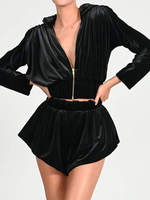 Ensembles Femmes Top et Pantalons en Velours Sweat à Capuches Taille Haute avec Manches Longues Fermeture avec zip Pantalons Courts Shorts Unicolore
