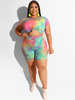 Ensembles Grande Taille Deux Pièces Courtes Imprimés Moulantes à Col Montant avec Manches Courtes Multicolores Eté Sexy
