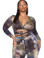 Ensembles Grande Taille Deux Pièces Femme Moulants Imprimés Camouflages à Col Décolleté en V avec Manches Longues Coupe Cintrée à Lacets Croisés Multicolores Eté Sexy