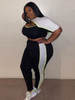 Ensembles Grande Taille Deux Pièces Femme Moulants Imprimés Rayures Taille Haute à Col Rond Ouvert sur Devant avec Manches Courtes Bicolores Sexy Eté