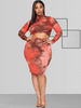 Ensembles Grande Taille Deux Pièces Imprimés Moulantes Courtes Femmes Taille Haute à Col Montant avec Manches Longues avec Jupe Multicolores Eté Sexy
