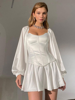 Ensembles Robes Femmes Deux Pièces à Col Carré avec Manches Longues Amples Coupe Cintrée Unicolore Bas Evasée avec Corset