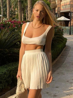 Ensembles Taille Haute Femme avec Bretelles à Col Décolleté en V Jupe Courte Bas Evasée Unicolore Sexy