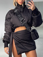 Ensembles Tailleures Deux Pièces Taille Haute Femme à Col Montant avec Manches Longues Jupe Courte Unicolore Sexy
