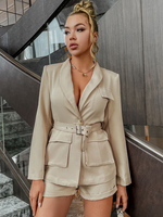 Ensembles Tailleurs Deux Pièces Blazer à Col Revers avec Manches Longues Shorts Coupe Cintrée Unicolore