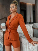 Ensembles Tailleurs Deux Pièces Femme Blazer à Col Revers avec Manches Longues Shorts Coupe Cintrée à Lacets Unicolore
