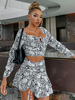 Ensembles Tailleurs Deux Pièces Femme Imprimé Taille Haute avec Manches Longues à Col Décolleté à Lacets Jupe Courte Bas Evasée Bicolores